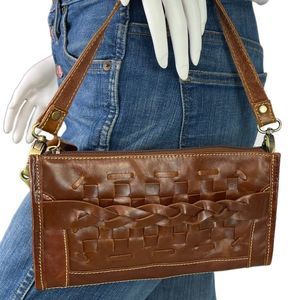 Jesslyn Blake Brown Cognac Eco Leather Wristlet Clutch Basket Weave